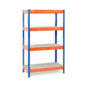Стелаж метален Ar shelving RIVET300 EB50 с 4 рафта и товароносимост 300 кг, синьо и оранжево.